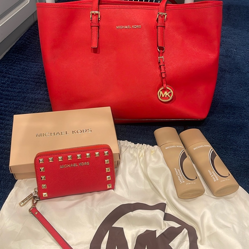 Michael kors orange tote bag with matching orange wallet & cleaning accessories